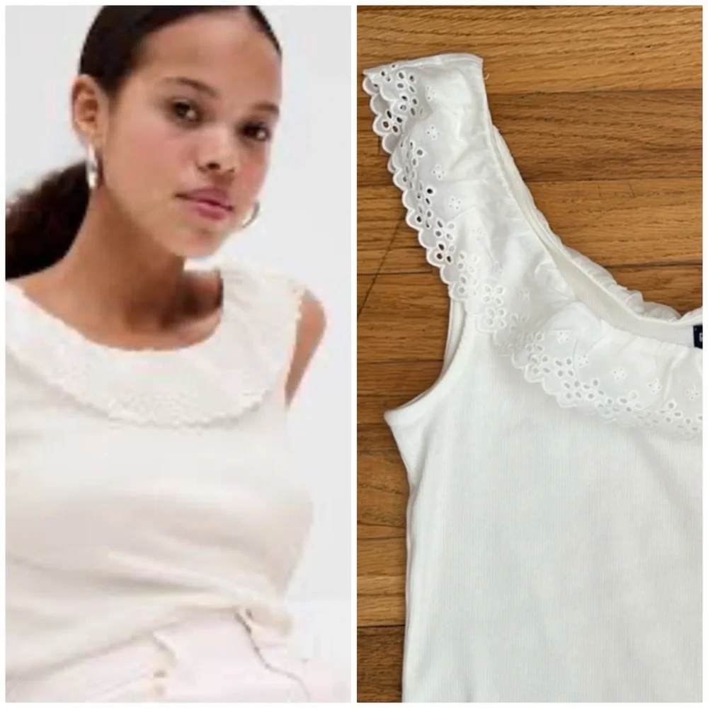 GAP Eyelet Ruffle Neck Ribbed Tank Top - Picture 1 of 14